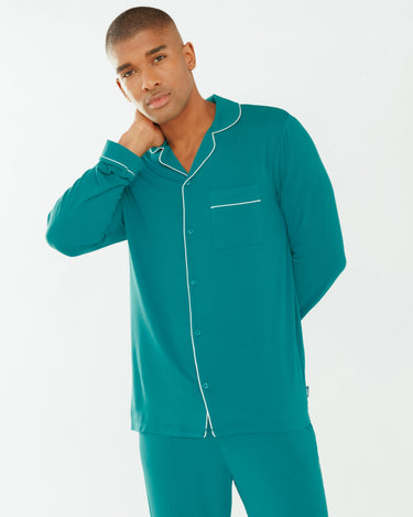 Men's Teal Modal Button Up Long Pyjama Set